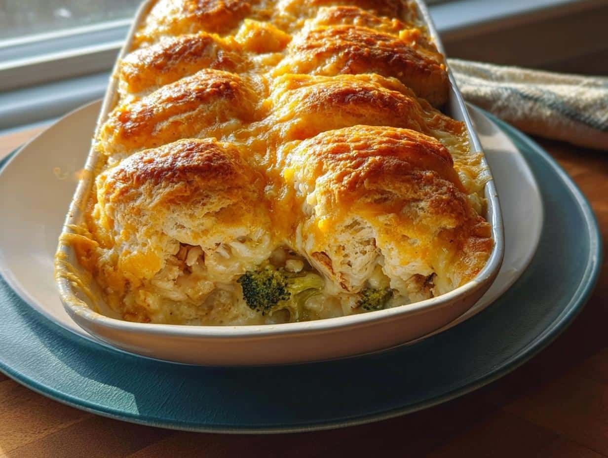 A freshly baked Chicken Biscuit Casserole with golden biscuits and melted cheese topping, showing creamy filling and broccoli.