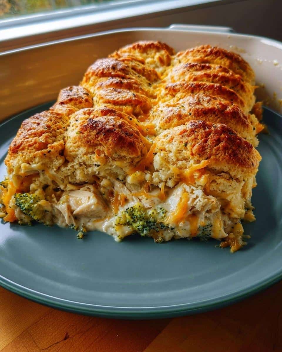 A serving of creamy Chicken Biscuit Casserole topped with golden biscuits and melted cheddar cheese, featuring visible broccoli florets.