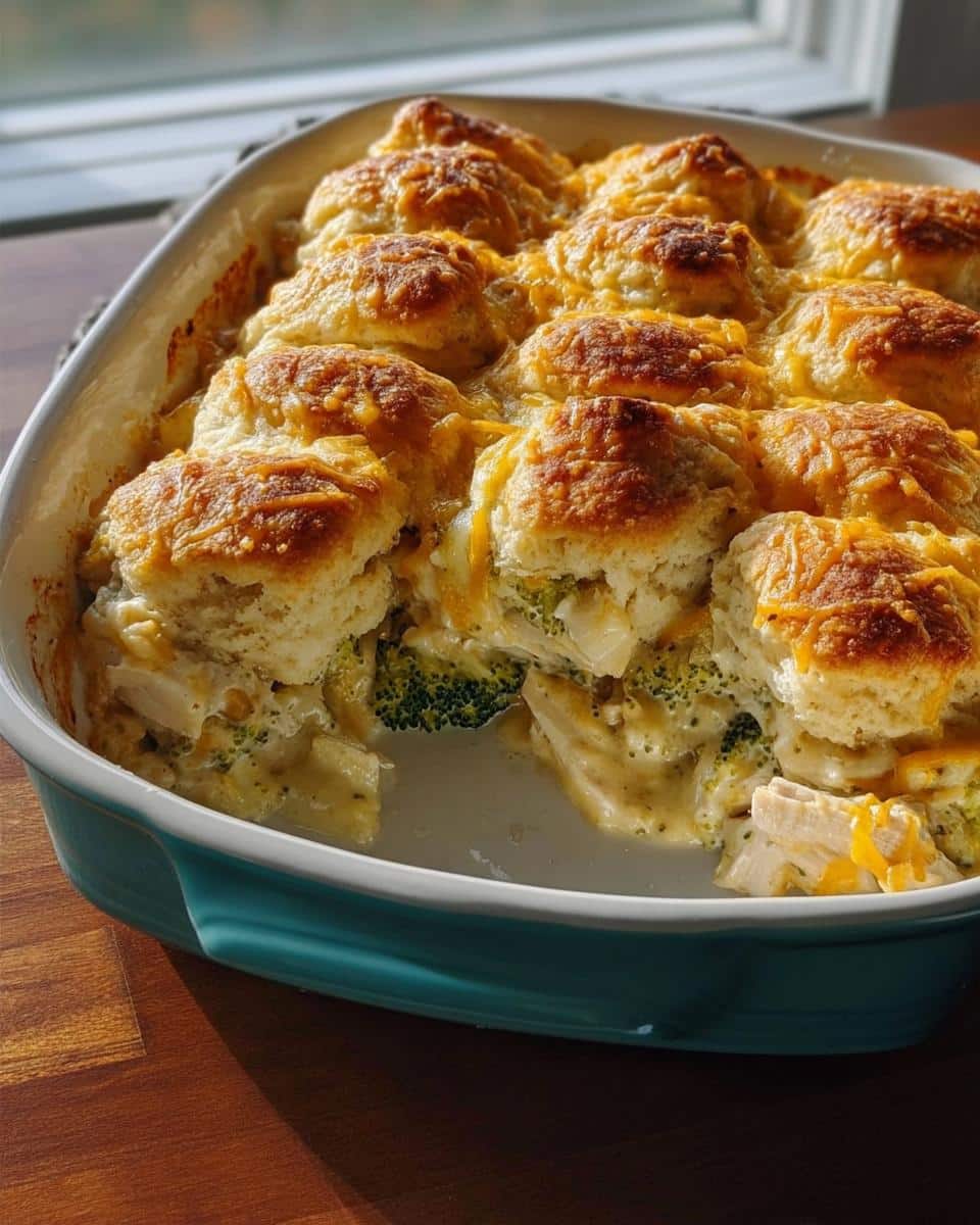 A baked Chicken Biscuit Casserole topped with golden biscuits and melted cheese, shown in a teal baking dish.