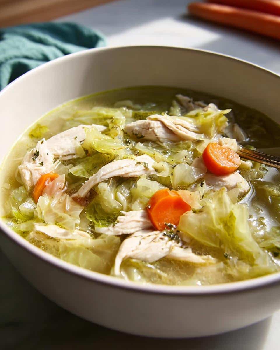 Close-up of a bowl of Chicken Cabbage Weight Loss Soup featuring shredded chicken, large pieces of cooked cabbage, and sliced carrots in broth.
