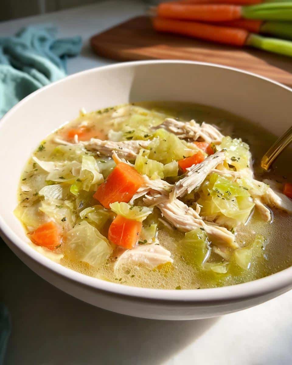 Close-up of a white bowl filled with Chicken Cabbage Weight Loss Soup, featuring shredded chicken, cabbage, and carrots in broth.