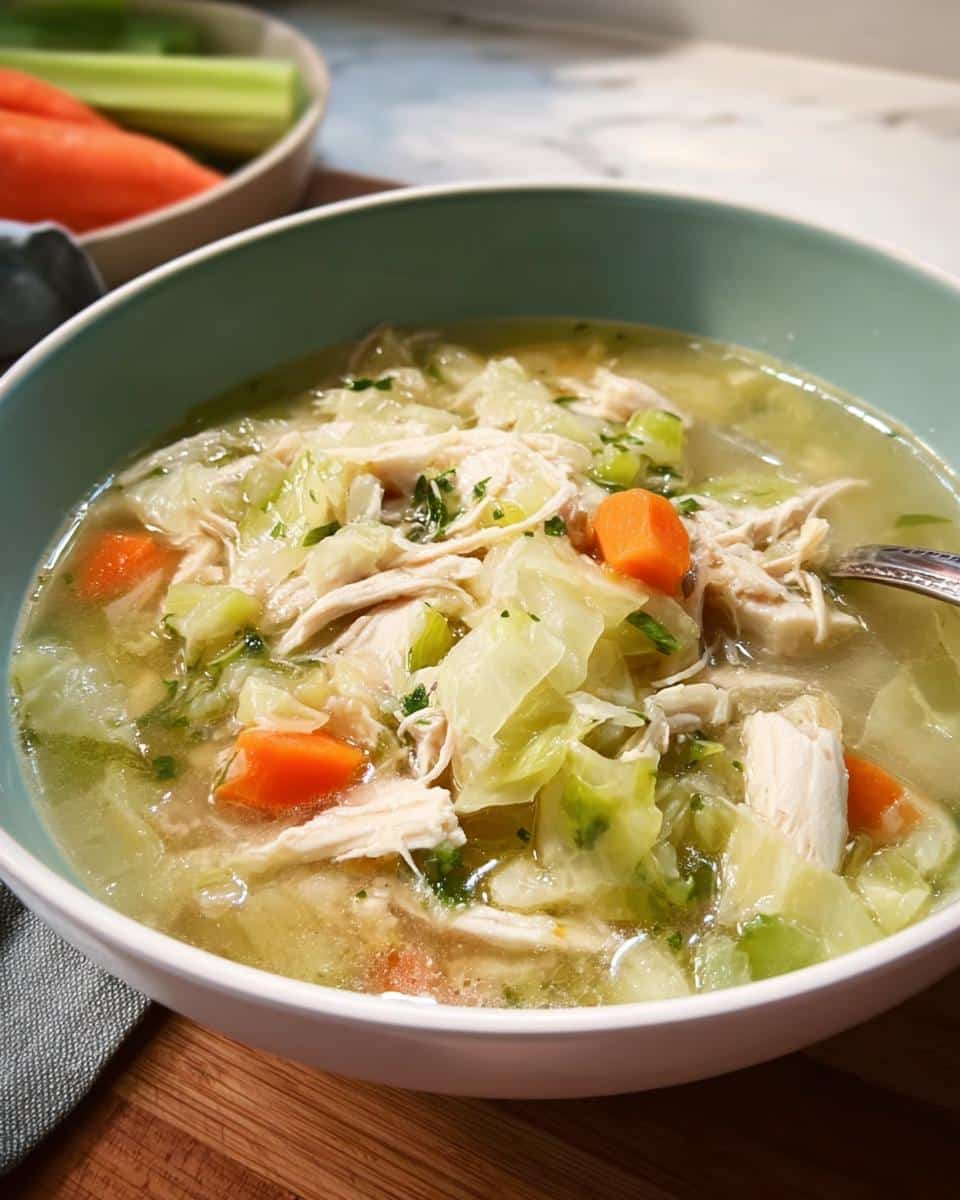 Close-up of a bowl filled with Chicken Cabbage Weight Loss Soup, showing shredded chicken, cabbage, and carrots in broth.