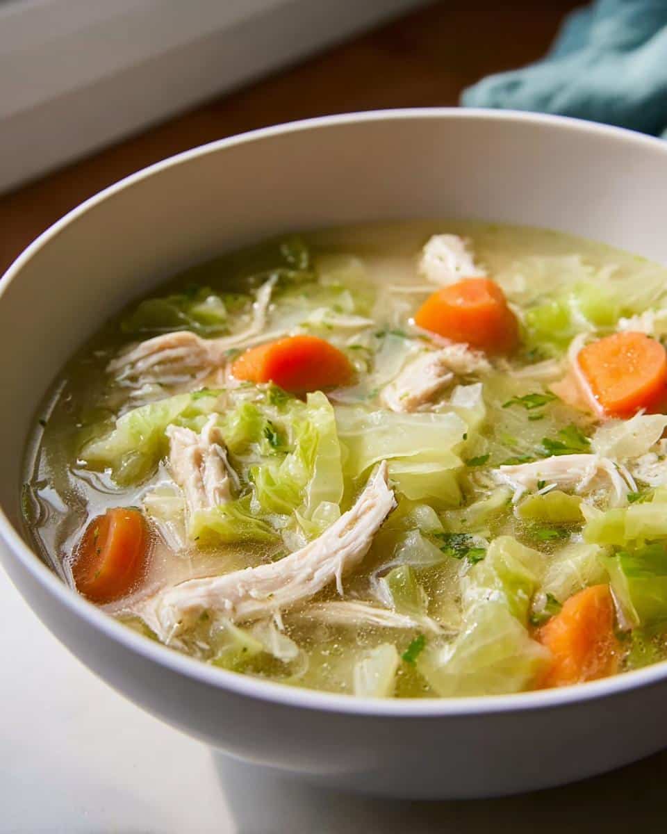 Close-up of a white bowl filled with Chicken Cabbage Weight Loss Soup featuring shredded chicken, bright orange carrots, and green cabbage.