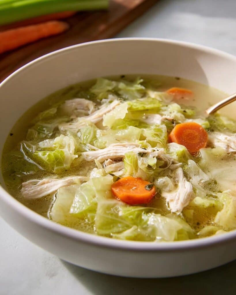 Close-up of a bowl of Chicken Cabbage Weight Loss Soup with shredded chicken and carrot slices.