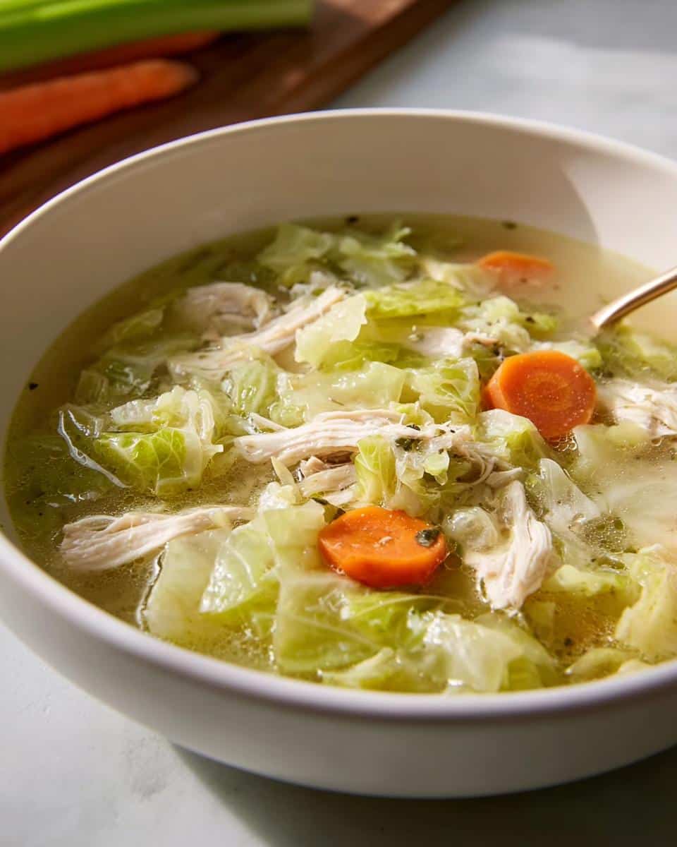 Close-up of a bowl of Chicken Cabbage Weight Loss Soup with shredded chicken and carrot slices.