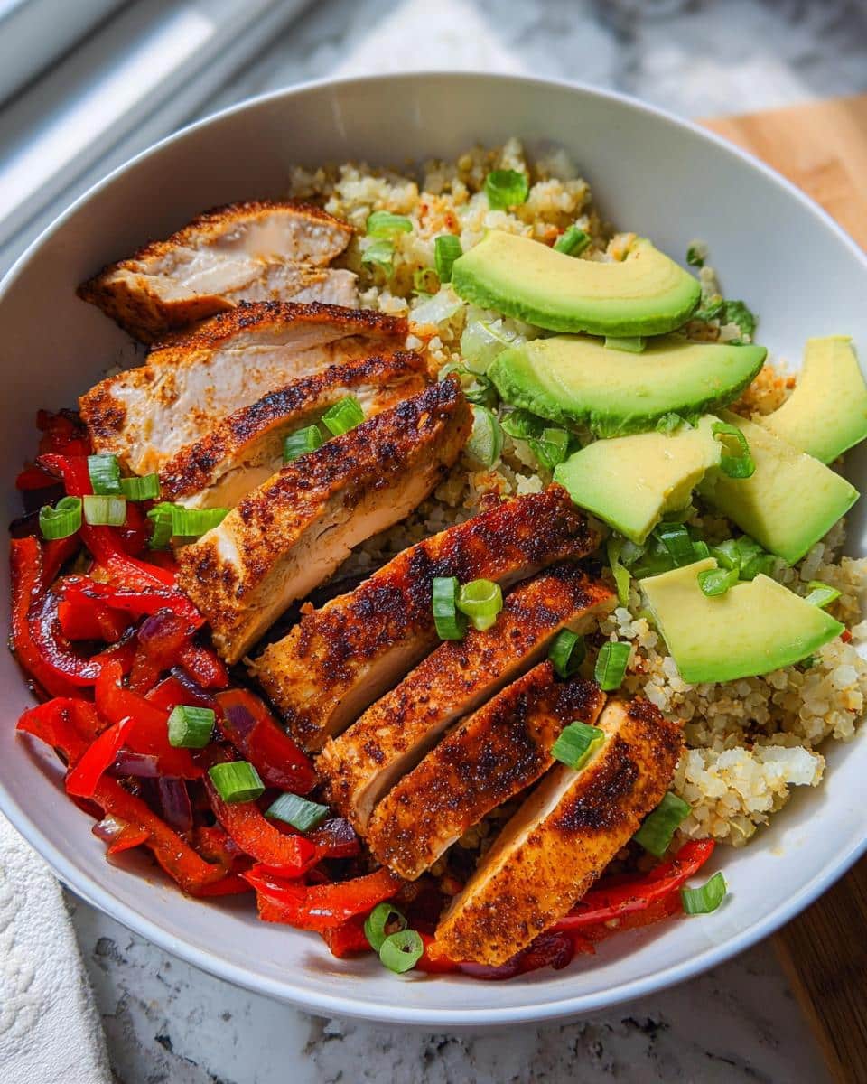 Close-up of a Chicken Cauliflower Rice Bowl featuring seasoned sliced chicken, red peppers, and avocado slices.