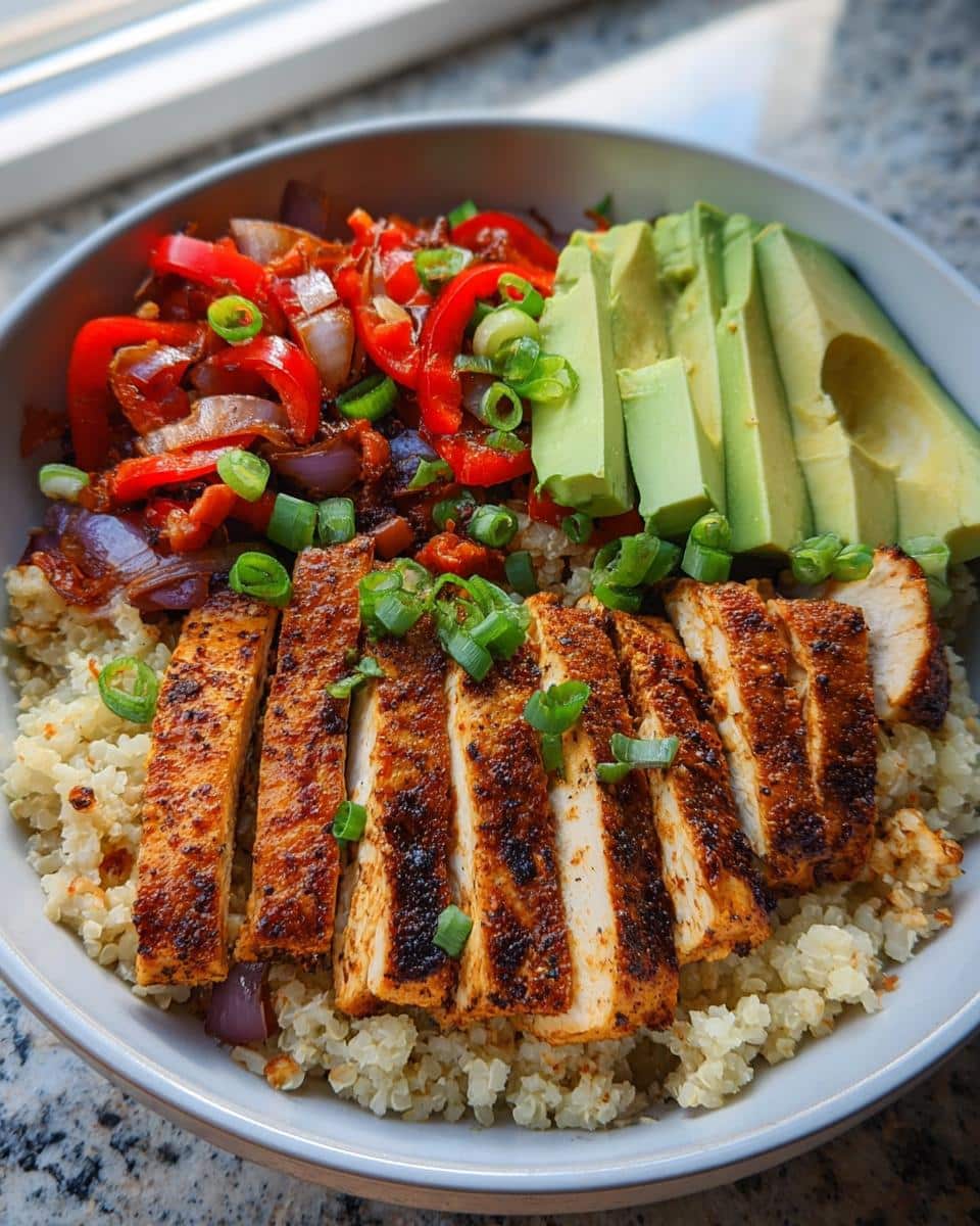 Close-up of a Chicken Cauliflower Rice Bowl featuring sliced seasoned chicken, avocado, and sautéed peppers.