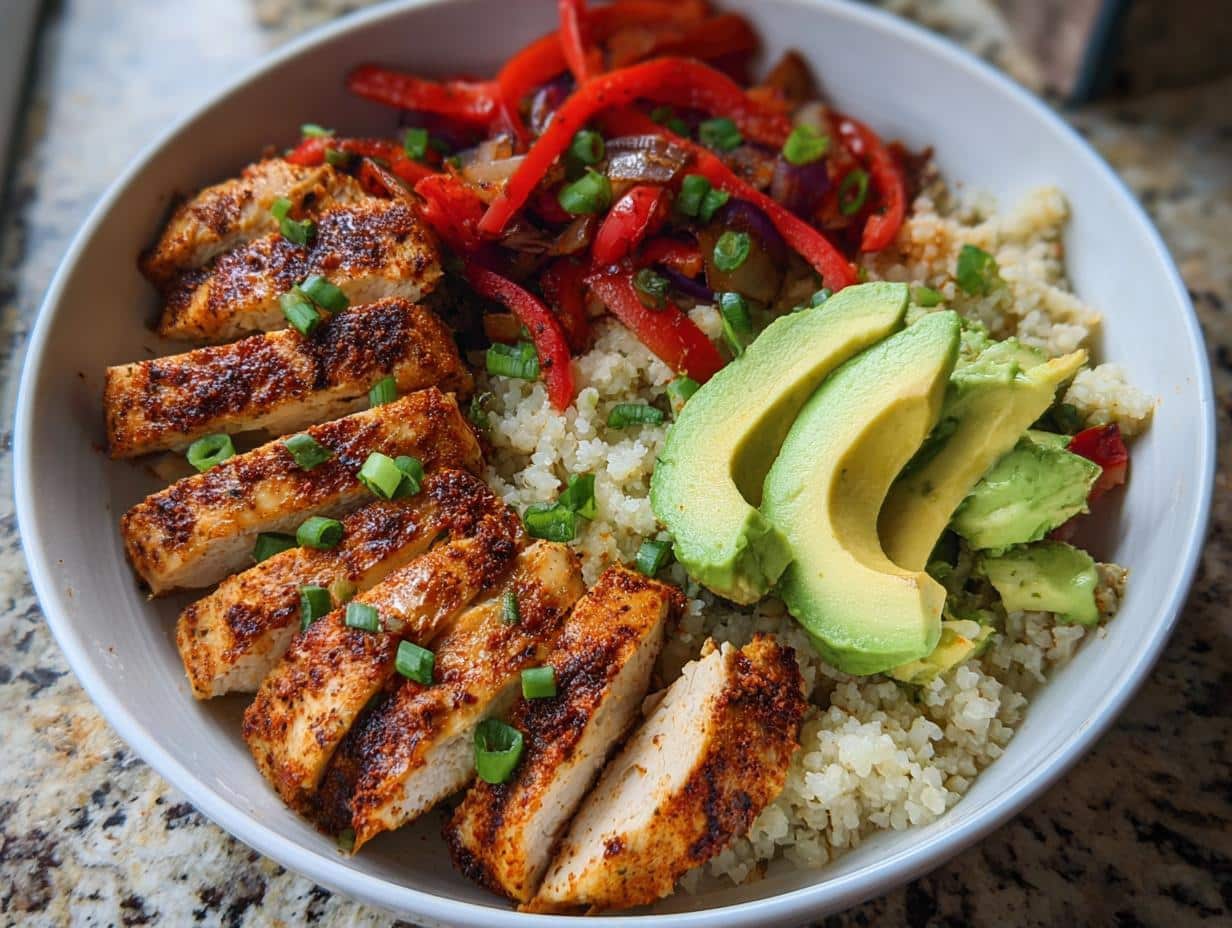 Close-up of a vibrant Chicken Cauliflower Rice Bowl featuring sliced seasoned chicken, avocado, and peppers.