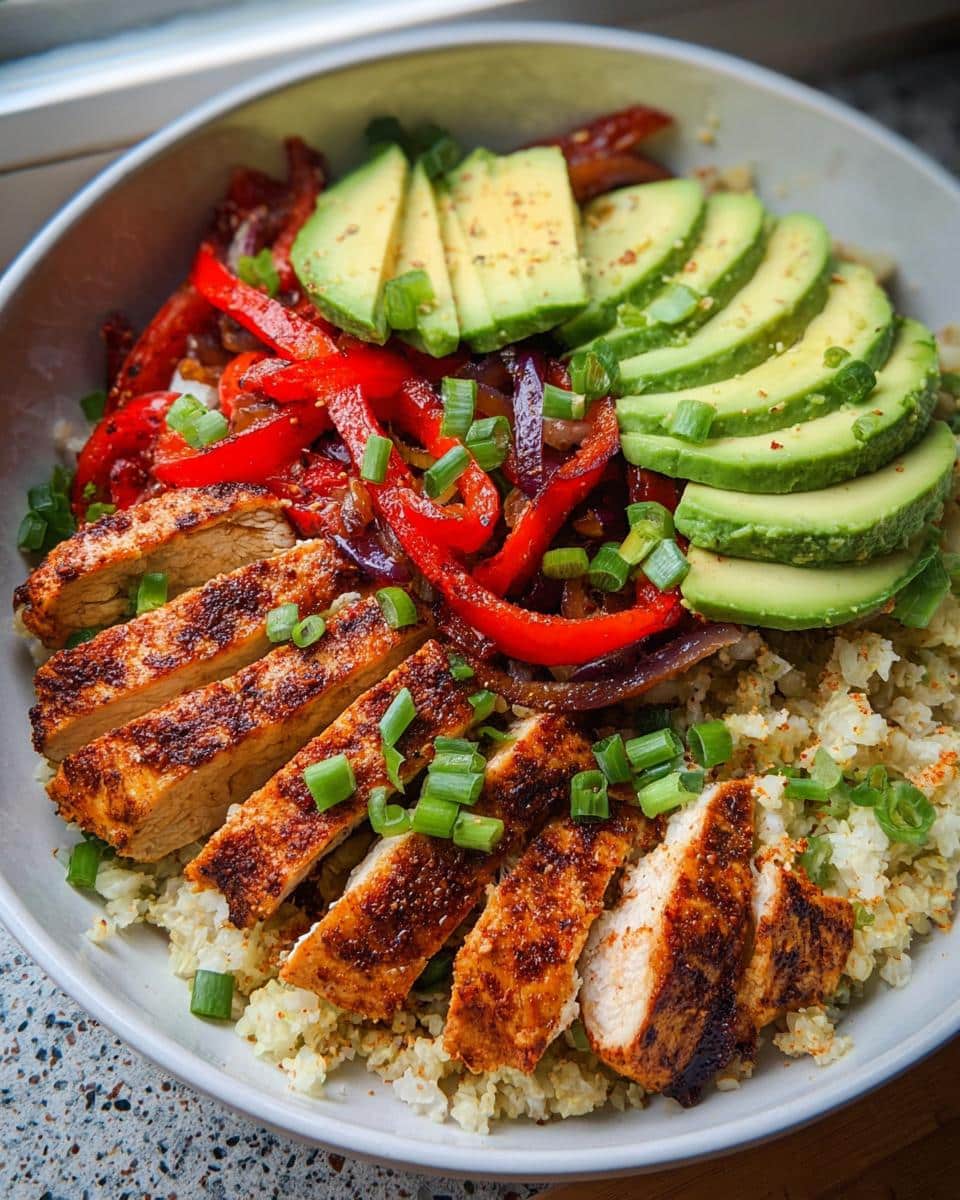 A vibrant Chicken Cauliflower Rice Bowl featuring sliced seasoned chicken, sautéed peppers, avocado slices, and green onions.