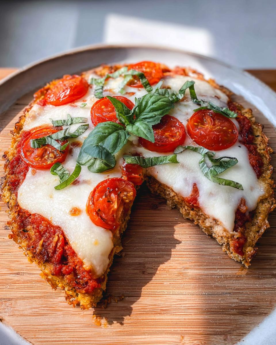 A slice cut from a round Chicken Crust Pizza topped with melted mozzarella, roasted cherry tomatoes, and fresh basil.