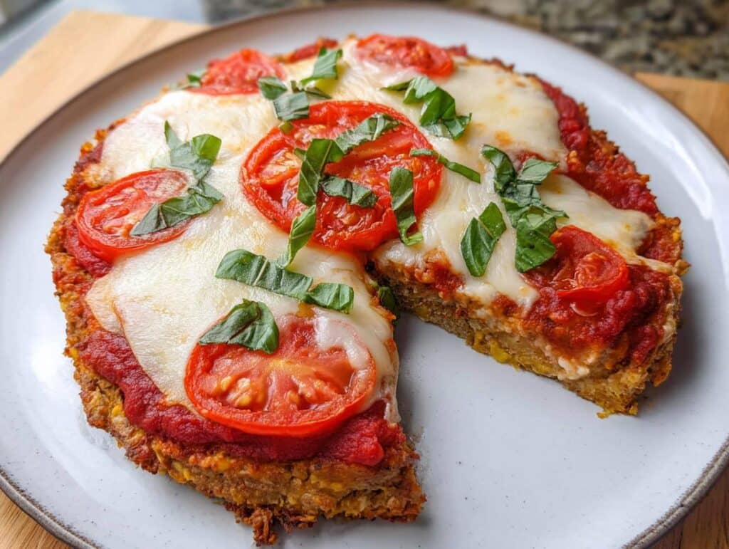 A close-up of a small, round Chicken Crust Pizza topped with melted mozzarella, tomato slices, and fresh basil.