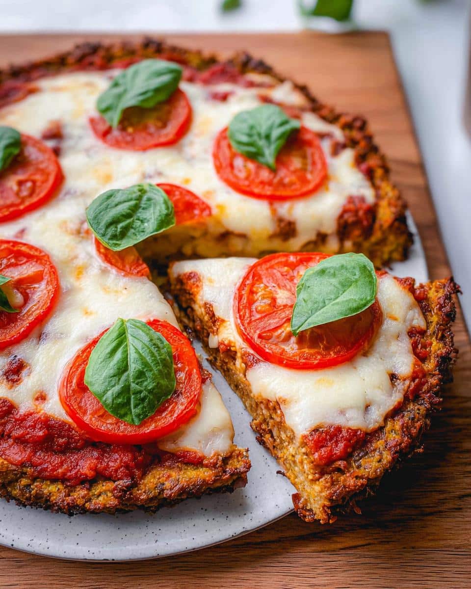 A close-up of a slice of Chicken Crust Pizza topped with melted cheese, tomato slices, and fresh basil leaves.