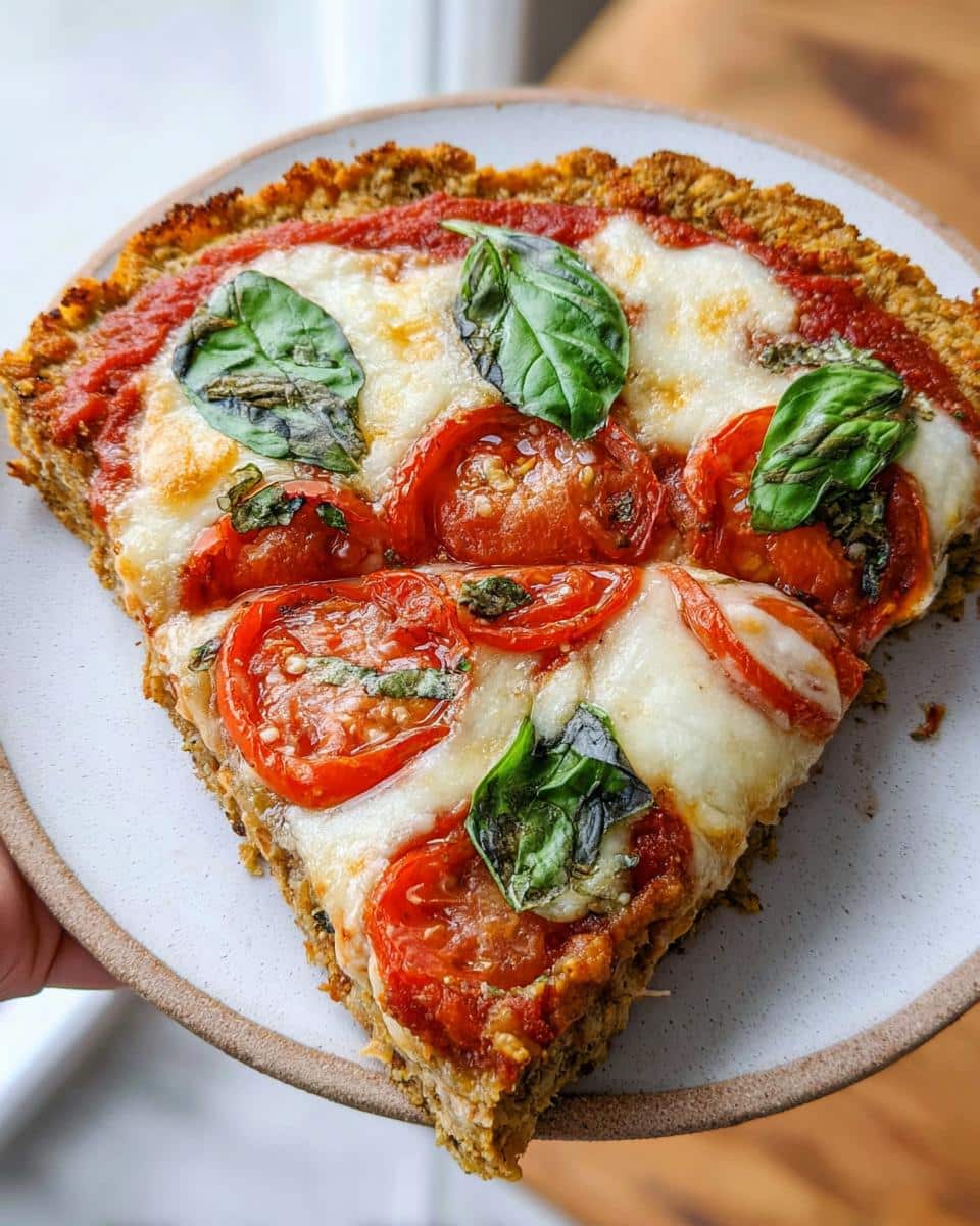 A close-up of a slice of Chicken Crust Pizza topped with melted mozzarella, sliced tomatoes, and fresh basil leaves.