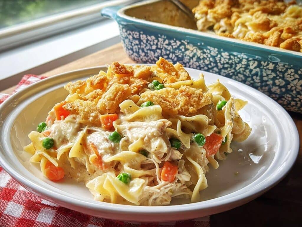 A close-up serving of creamy Chicken Noodle Casserole with egg noodles, chicken, peas, carrots, and a crunchy topping.