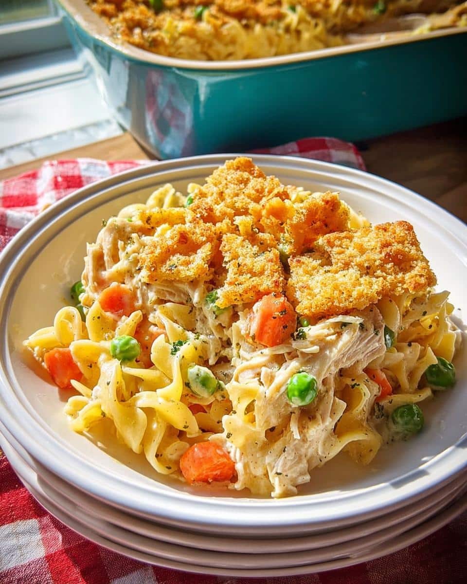A serving of creamy Chicken Noodle Casserole with egg noodles, peas, carrots, and a crunchy breadcrumb topping.