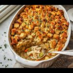 A spoonful of shredded chicken and vegetables being lifted from a Chicken Pot Pie Casserole with Stuffing topped with golden croutons.