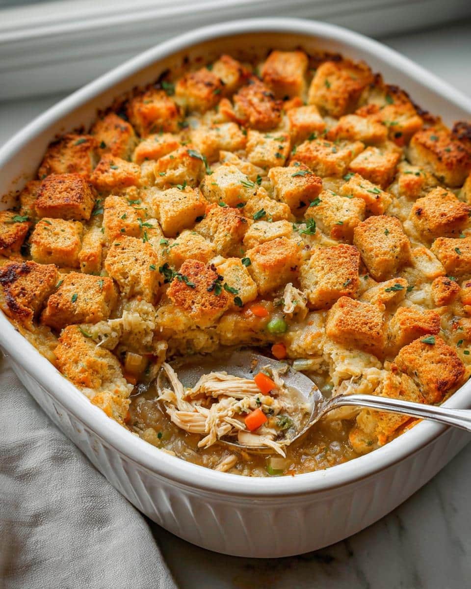 A spoonful of shredded chicken and vegetables being lifted from a baked Chicken Pot Pie Casserole with Stuffing.