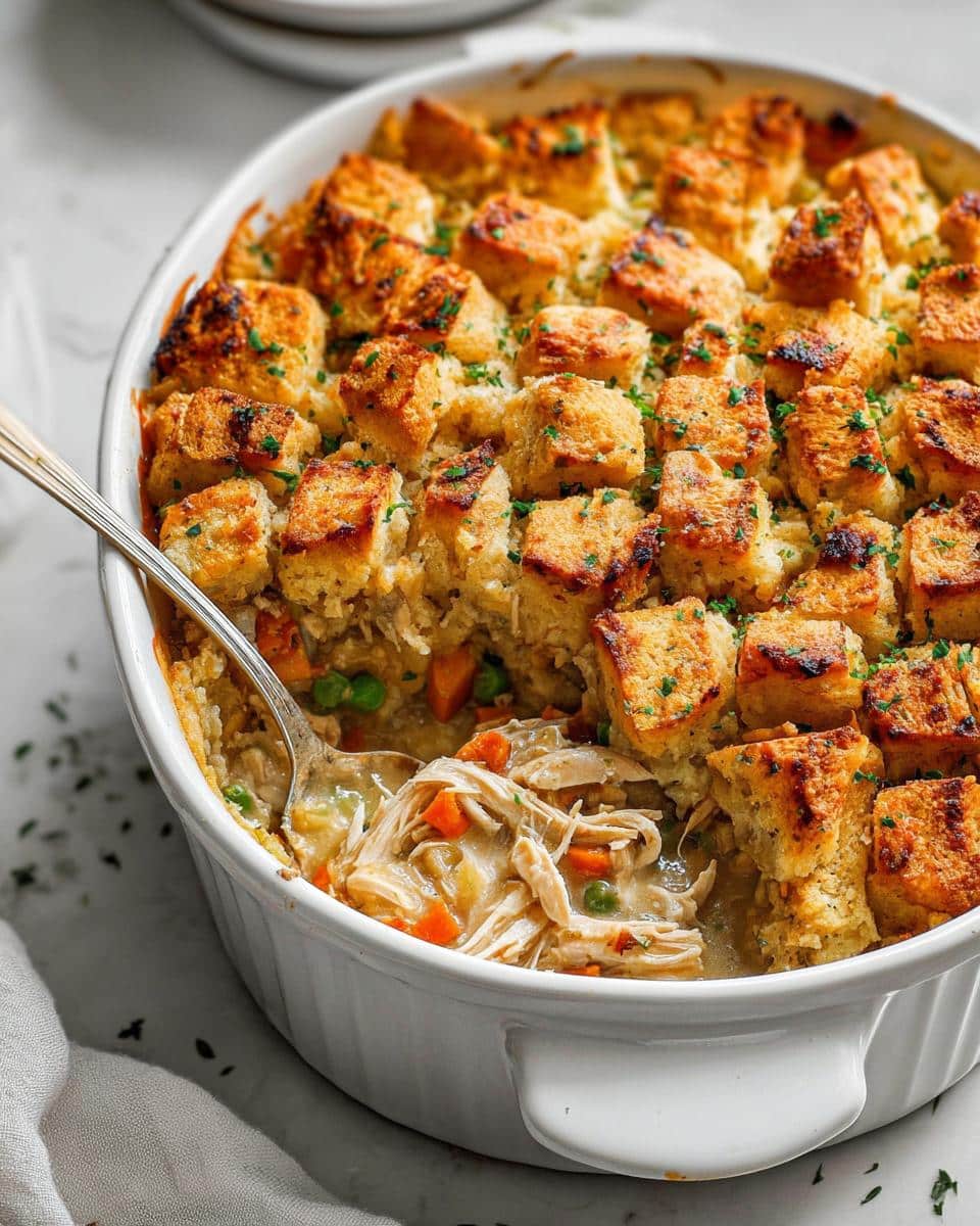 A spoonful of creamy Chicken Pot Pie Casserole with Stuffing being lifted from a white baking dish.