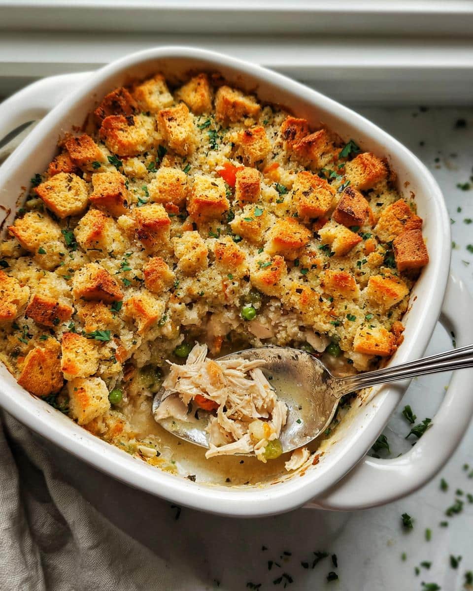 A spoonful of shredded chicken and vegetables being lifted from a Chicken Pot Pie Casserole with Stuffing topped with croutons.