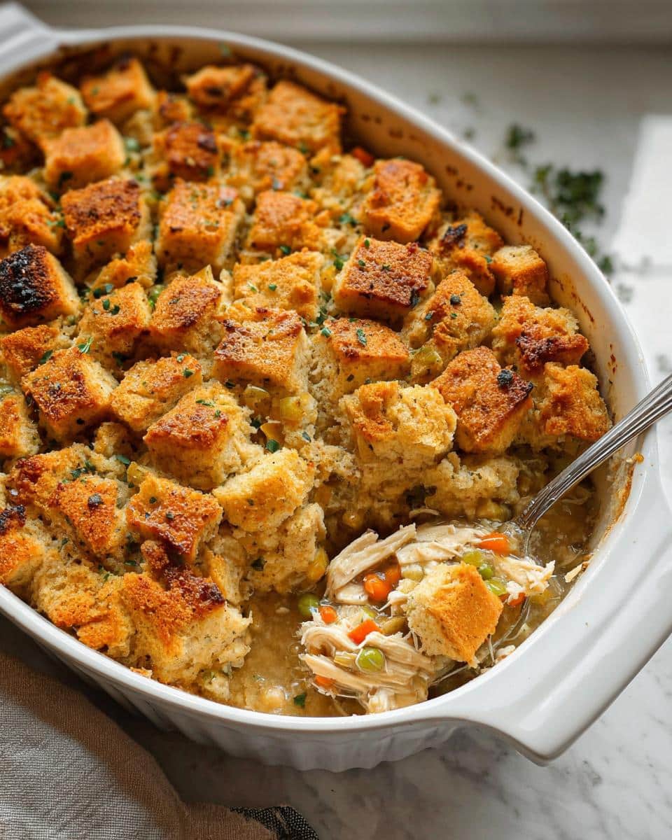 A spoonful of Chicken Pot Pie Casserole with Stuffing showing shredded chicken, vegetables, and a crunchy stuffing topping.