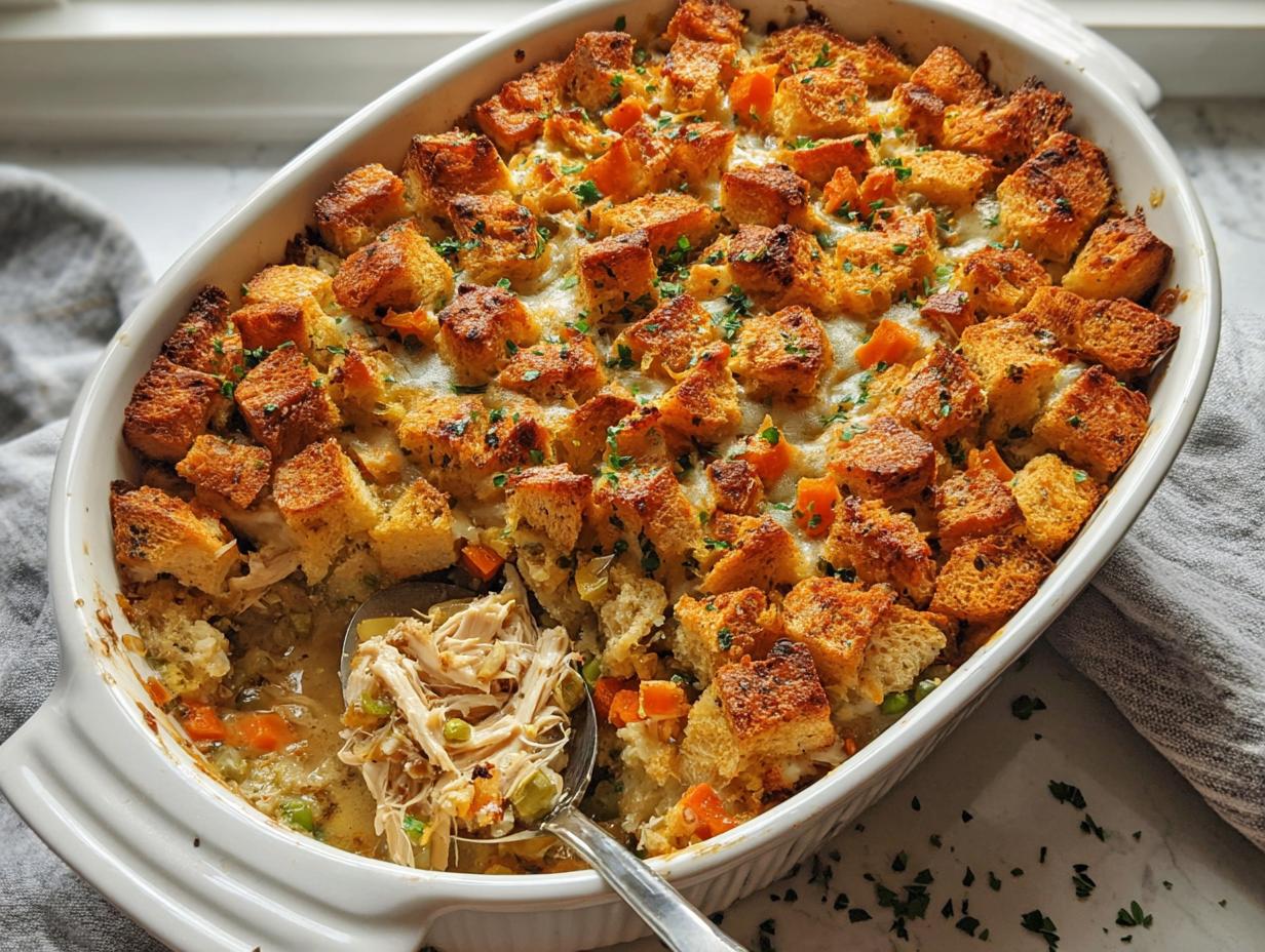 A close-up of Chicken Pot Pie Casserole with Stuffing, showing crispy topping and shredded chicken being served.