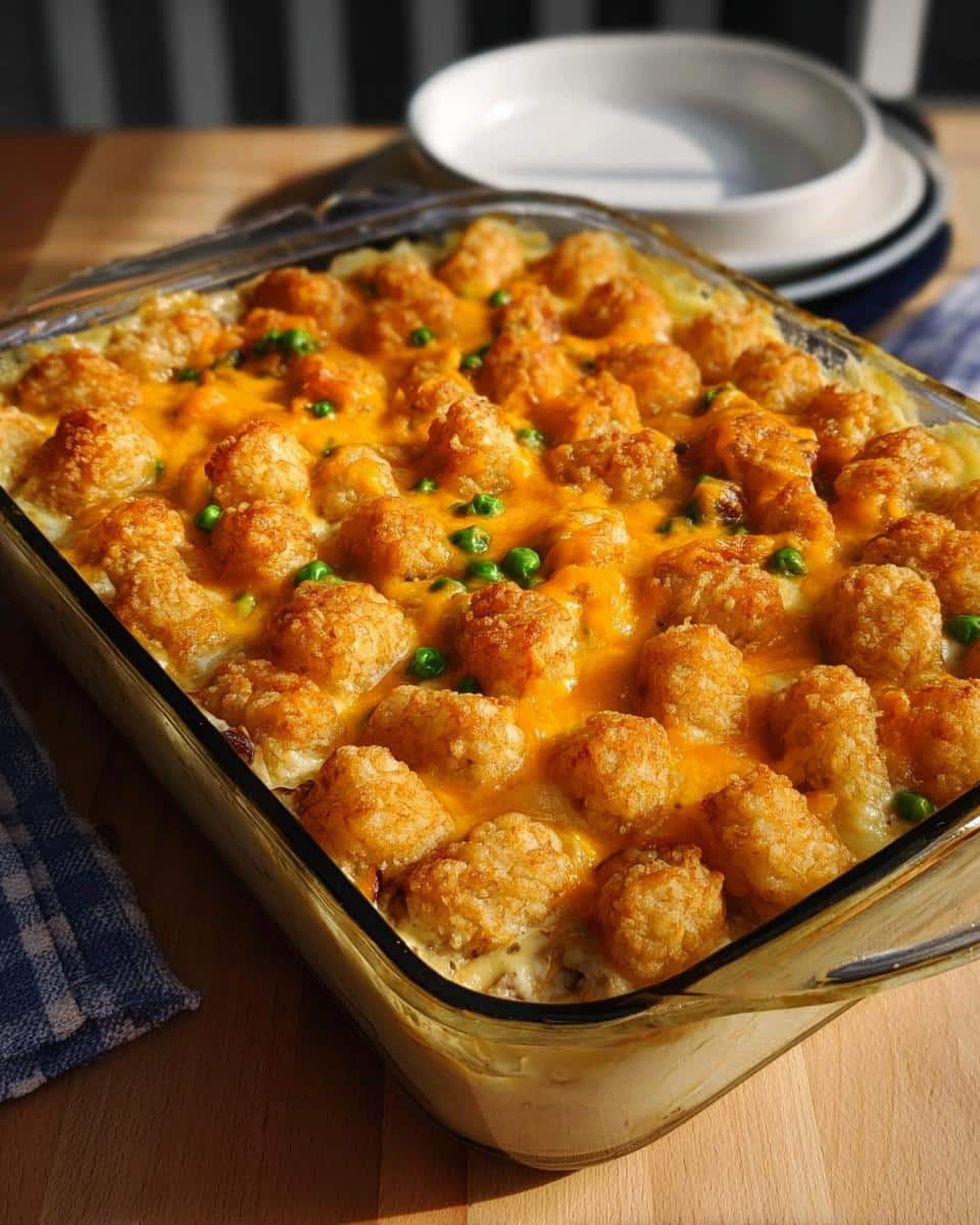A baked Chicken Tater Tot Casserole topped with crispy tater tots, melted cheddar cheese, and green peas in a glass baking dish.