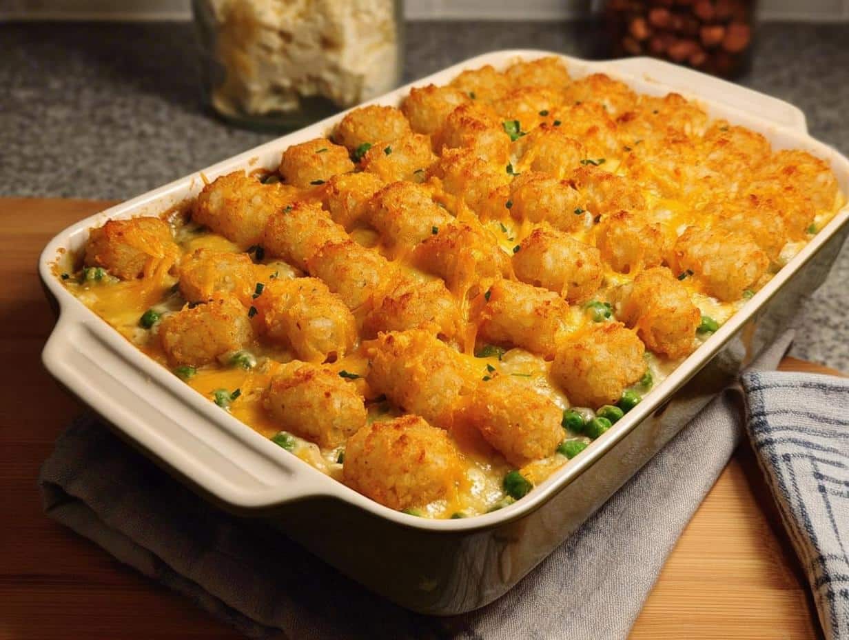 A freshly baked Chicken Tater Tot Casserole topped with crispy tater tots and melted cheese.