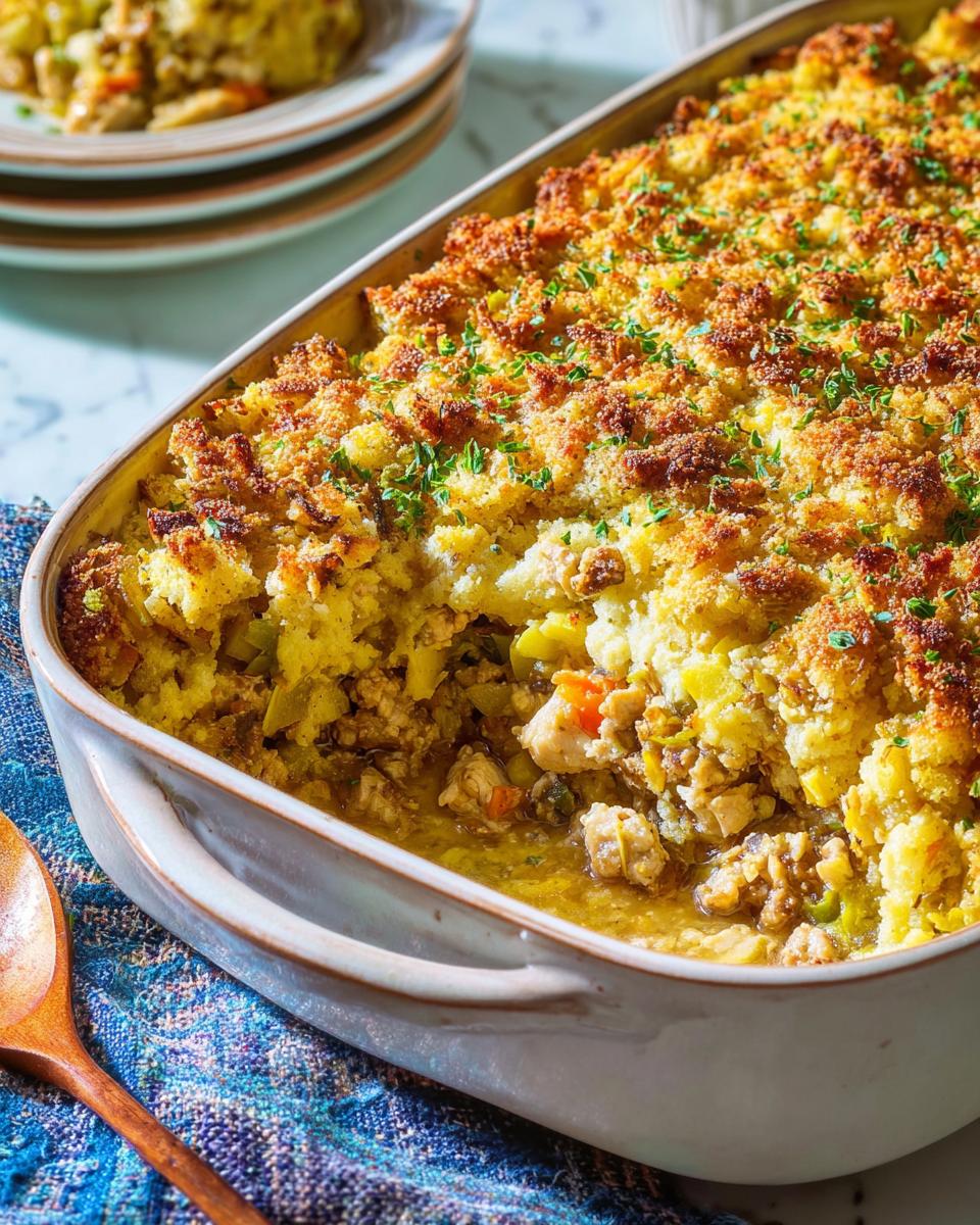 A close-up of a baked Chicken Tenderloin Stuffing Casserole with a golden, crispy topping.
