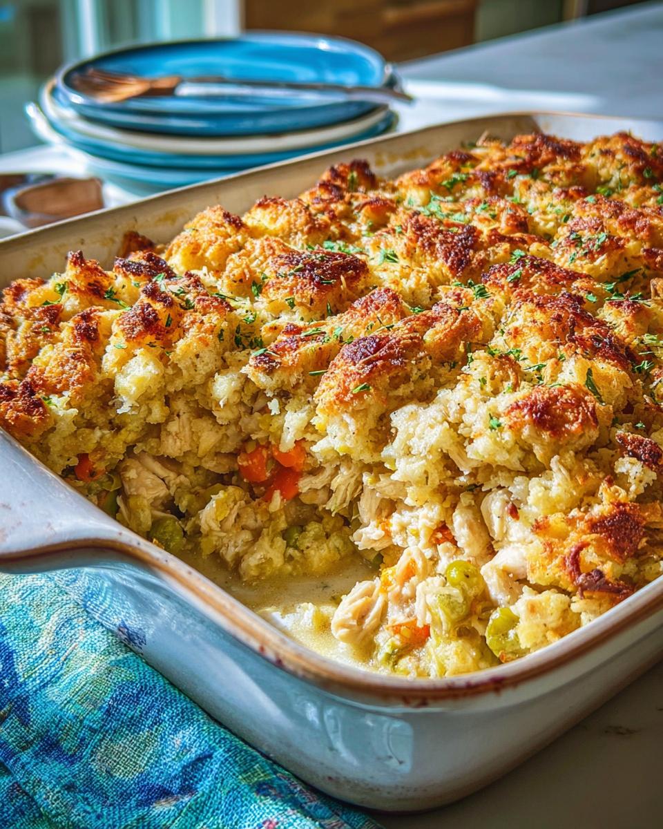 A freshly baked Chicken Tenderloin Stuffing Casserole with a crispy, golden topping, served in a light blue baking dish.