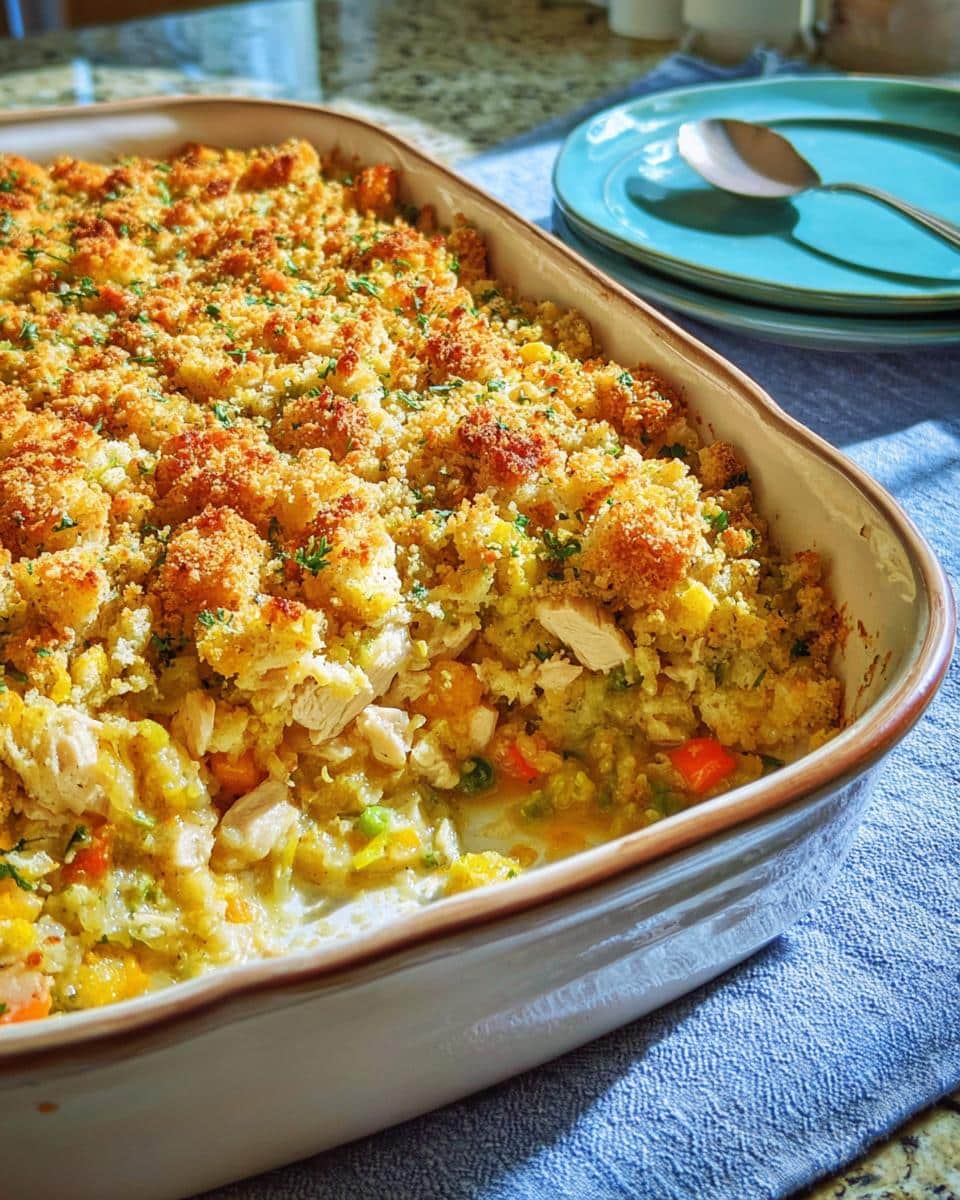 A close-up of a freshly baked Chicken Tenderloin Stuffing Casserole in a white baking dish with a golden, crumbly topping.