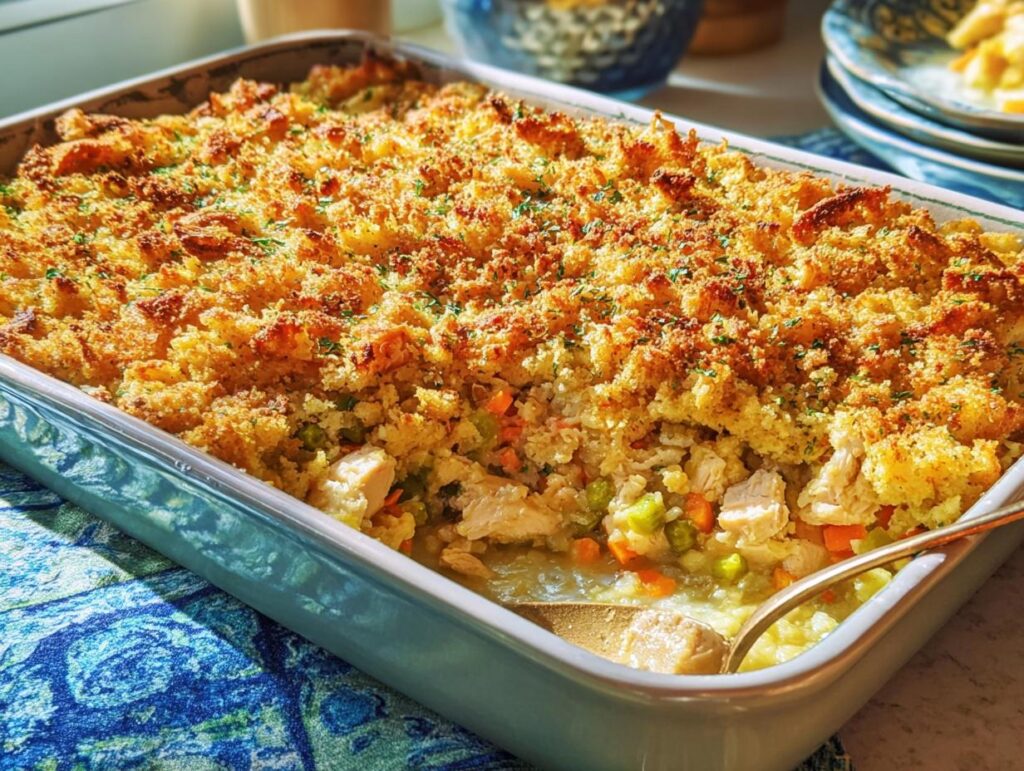 A baked Chicken Tenderloin Stuffing Casserole with a golden, crunchy topping being served from a light blue baking dish.