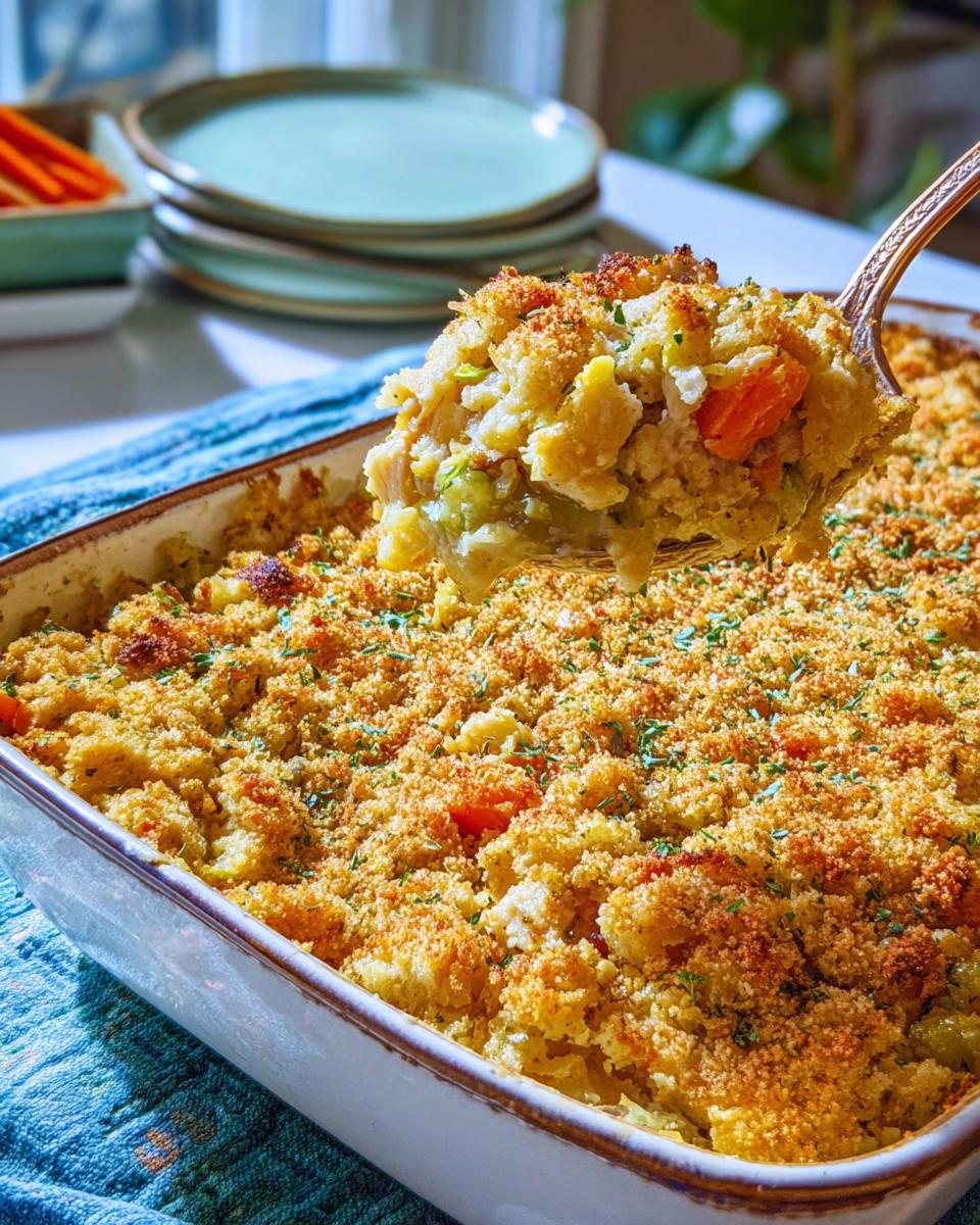 A spoonful of creamy Chicken Tenderloin Stuffing Casserole being lifted from a baking dish topped with golden breadcrumbs.
