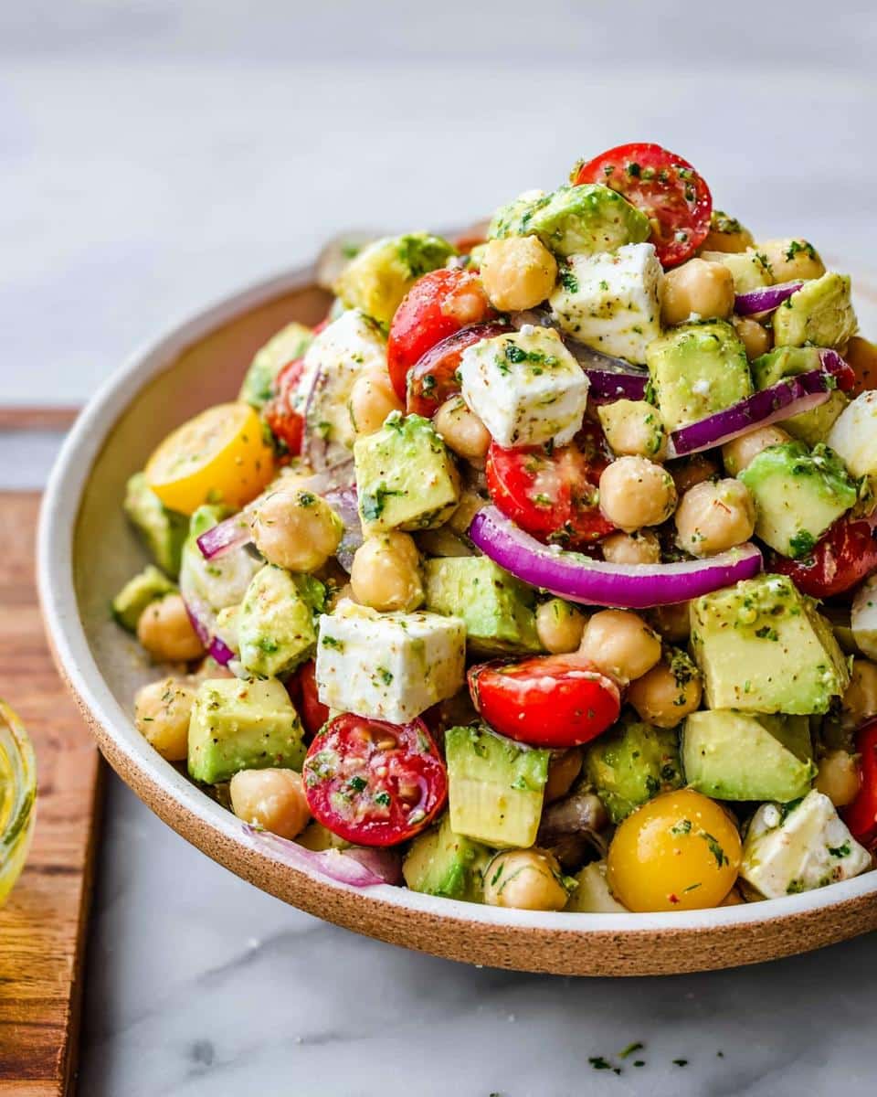 A vibrant bowl overflowing with Chickpea Feta Avocado Salad, featuring cubed avocado, feta cheese, chickpeas, and cherry tomatoes.