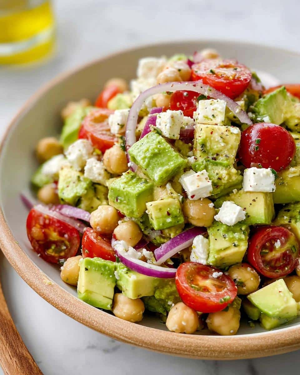 Close-up of a vibrant Chickpea Feta Avocado Salad featuring diced avocado, chickpeas, cherry tomatoes, and feta cheese.