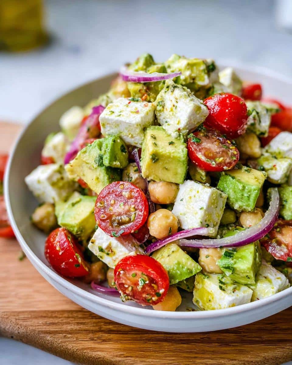 A vibrant close-up of Chickpea Feta Avocado Salad featuring cubes of avocado, feta, cherry tomatoes, and chickpeas.