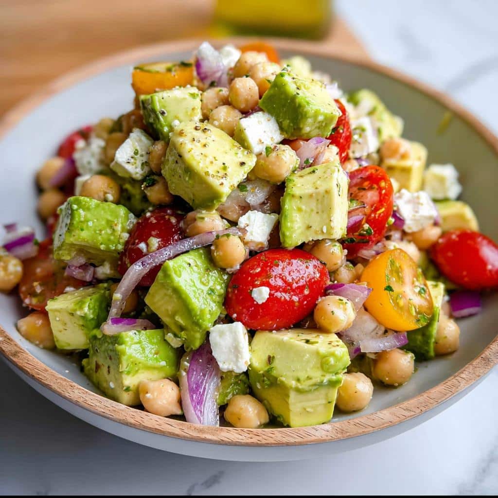 Close-up of a vibrant Chickpea Feta Avocado Salad featuring cubed avocado, chickpeas, feta, and cherry tomatoes.
