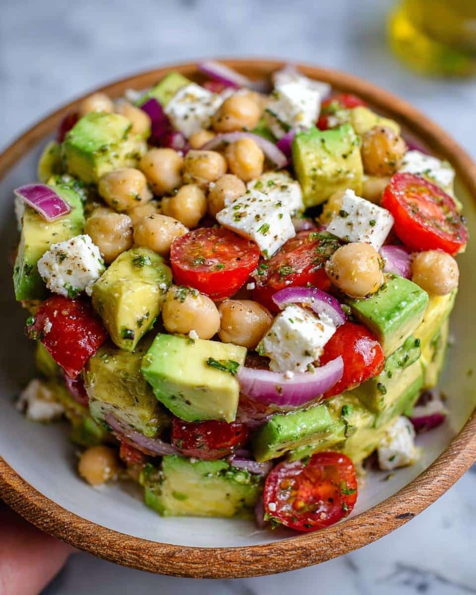 Close-up of a beautifully stacked Chickpea Feta Avocado Salad featuring diced avocado, chickpeas, feta cheese, tomatoes, and red onion.