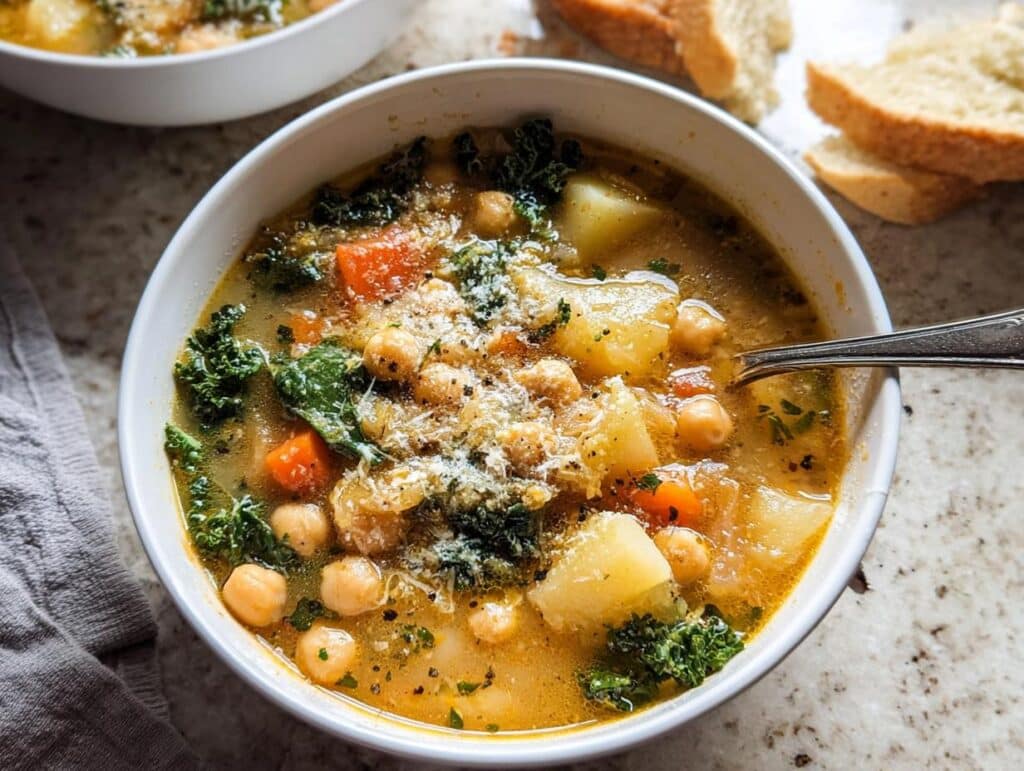 Close-up of a bowl of hearty Chickpea Vegetable Soup featuring potatoes, carrots, kale, and grated cheese.
