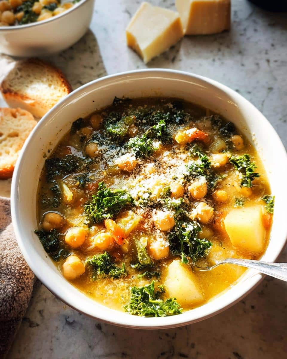 A close-up of a bowl of hearty Chickpea Vegetable Soup topped with kale and grated cheese.
