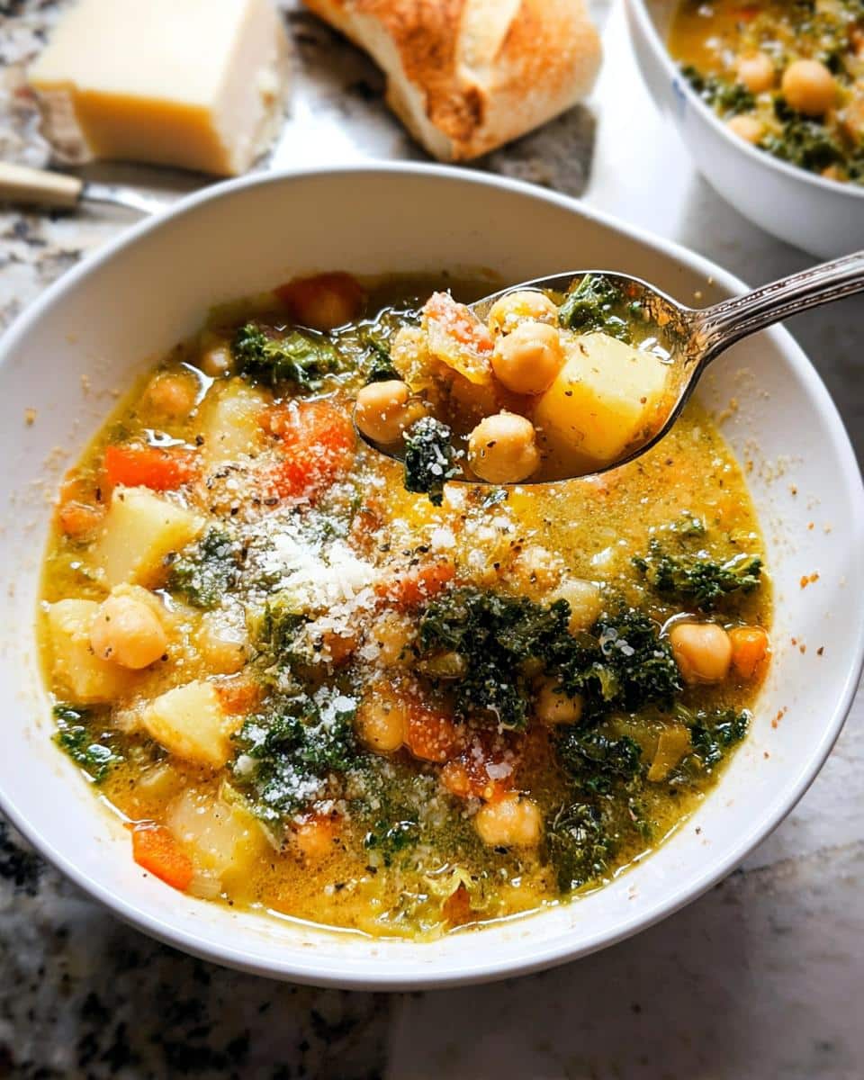 A spoonful lifted from a bowl of hearty Chickpea Vegetable Soup, showing chickpeas, potatoes, and kale, topped with grated Parmesan.