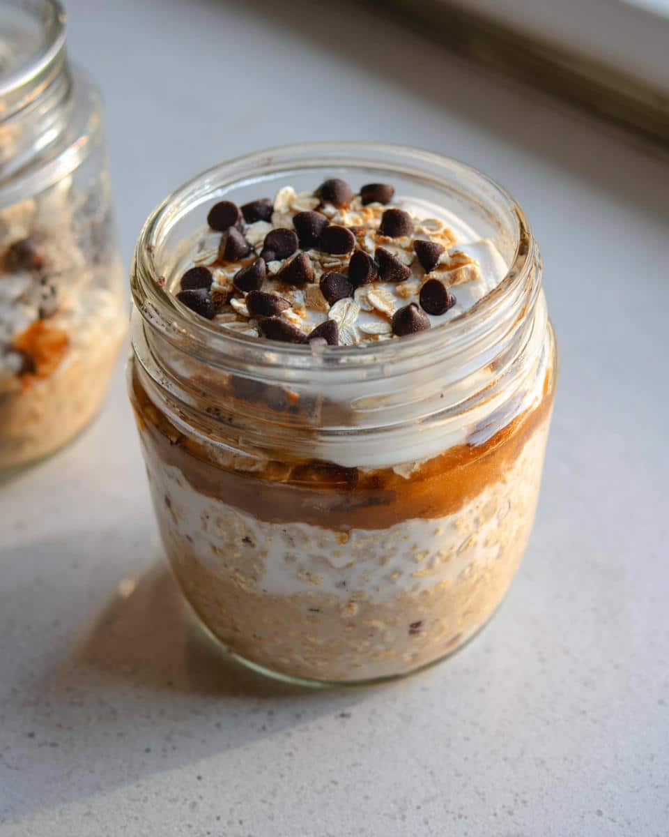 Close-up of Chocolate Chip Cookie Dough Overnight Oats layered in a glass jar, topped with yogurt and mini chocolate chips.