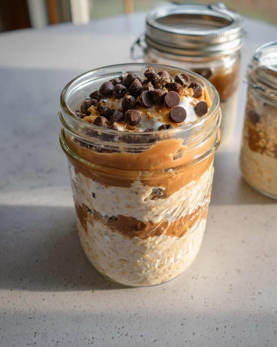 Close-up of Chocolate Chip Cookie Dough Overnight Oats layered with peanut butter and topped with chocolate chips in a glass jar.