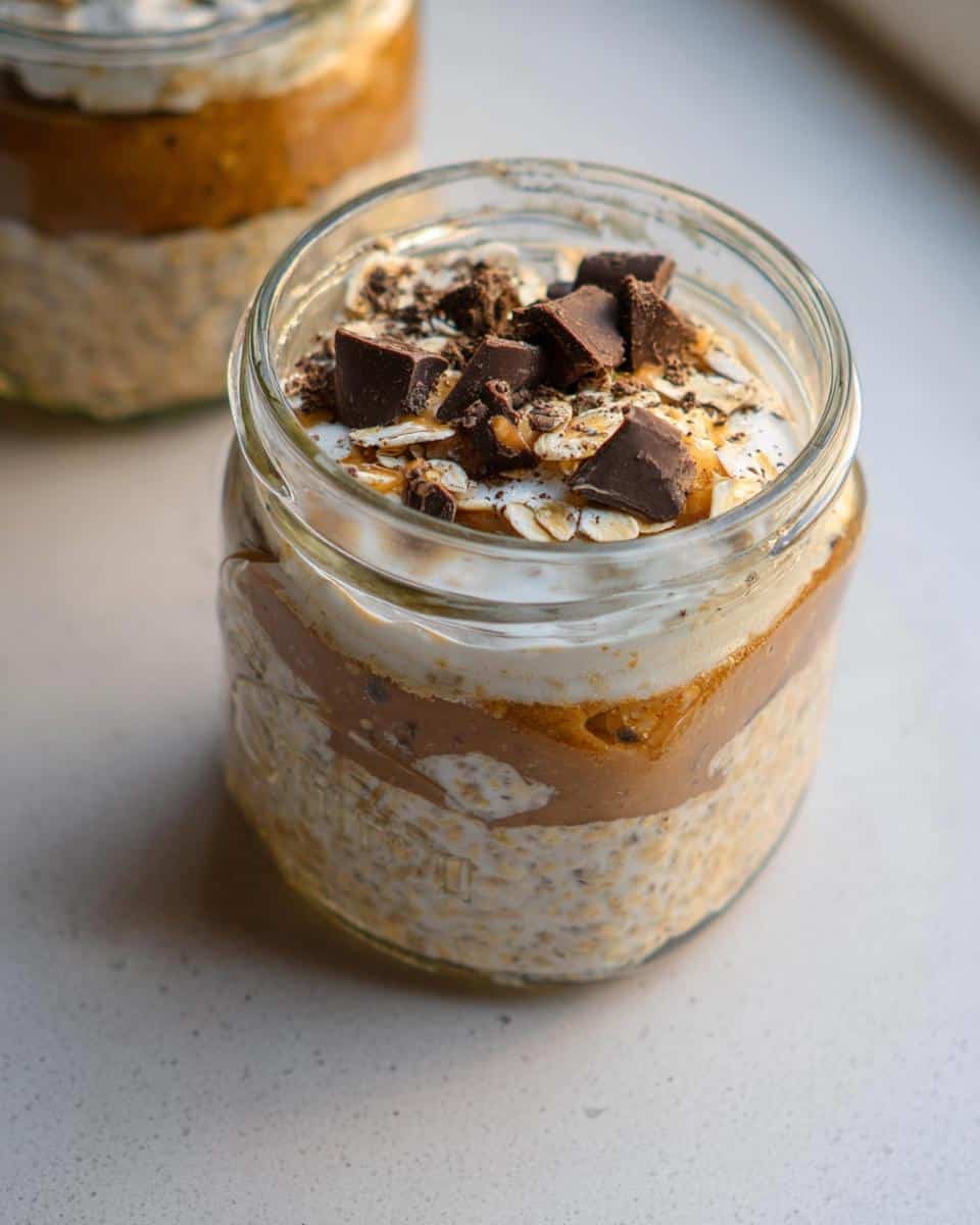 Close-up of Chocolate Chip Cookie Dough Overnight Oats layered in a glass jar, topped with chunks of chocolate.