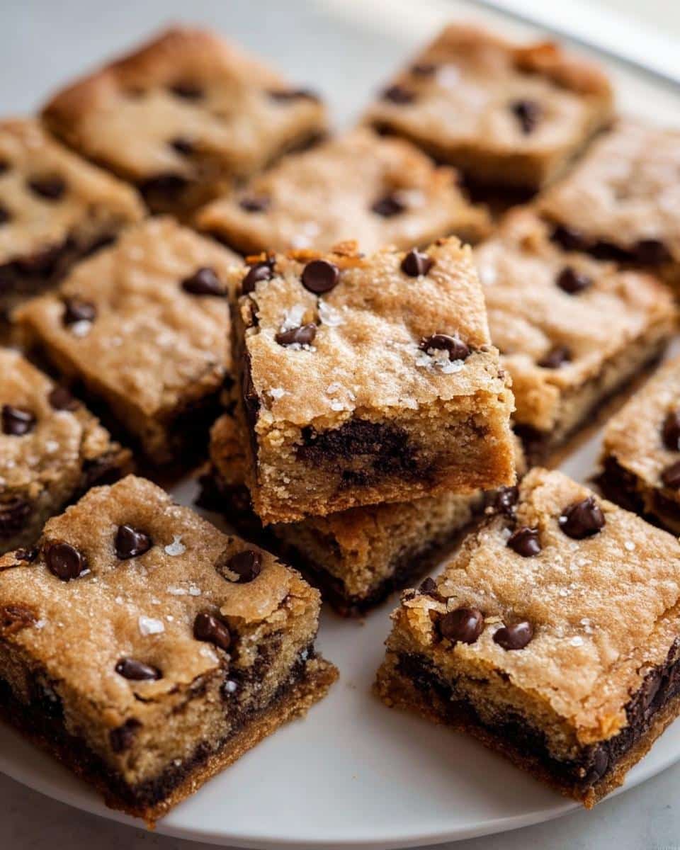 A stack and arrangement of freshly baked, thick Chocolate Chip Dessert Bars sprinkled with sea salt.