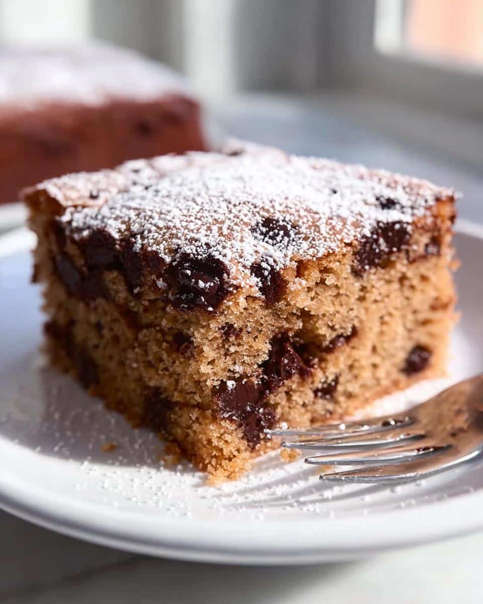 A close-up of a moist slice of Chocolate Chip Snack Cake topped with powdered sugar, resting on a white plate with a fork.