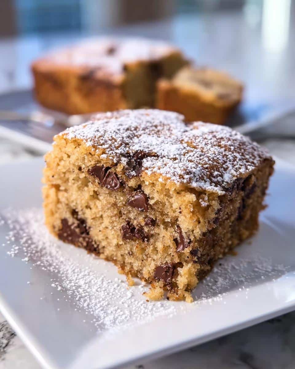 A close-up slice of moist Chocolate Chip Snack Cake topped with powdered sugar on a white plate.