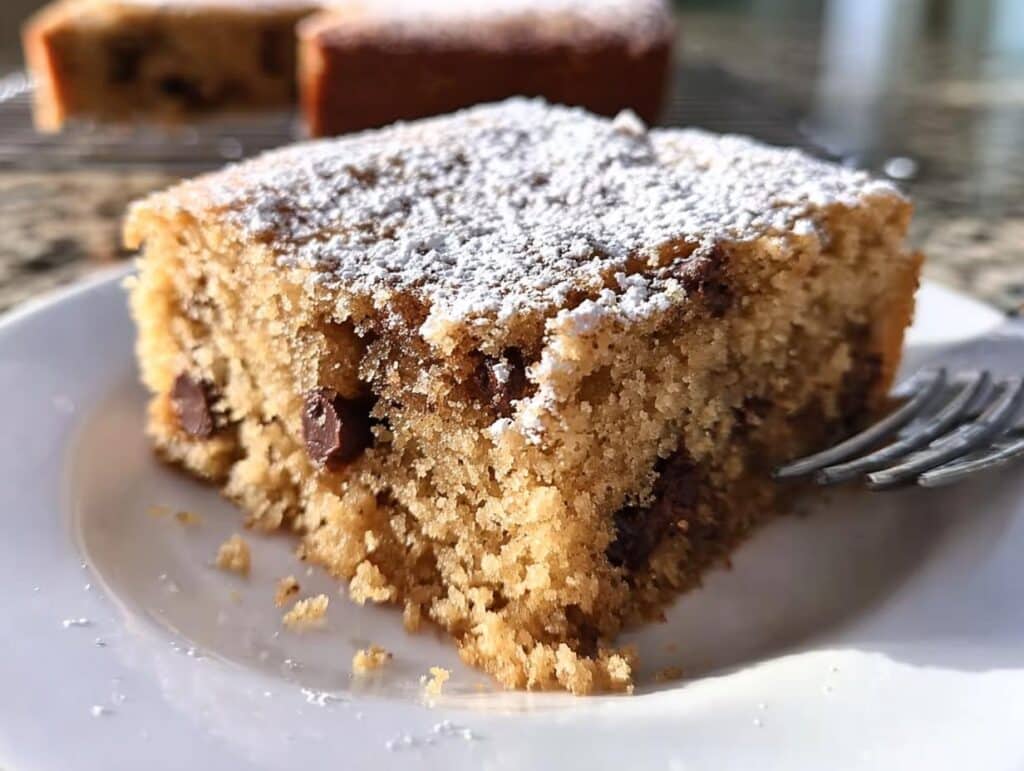 A moist slice of Chocolate Chip Snack Cake dusted with powdered sugar, sitting on a white plate with a fork.