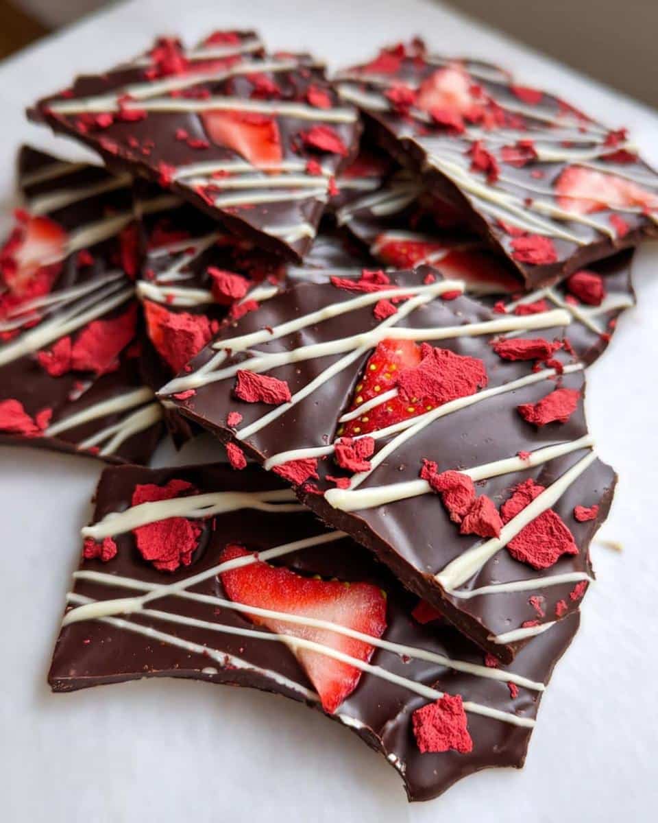 Close-up of stacked pieces of dark Chocolate Covered Strawberry Bark, drizzled with white chocolate.