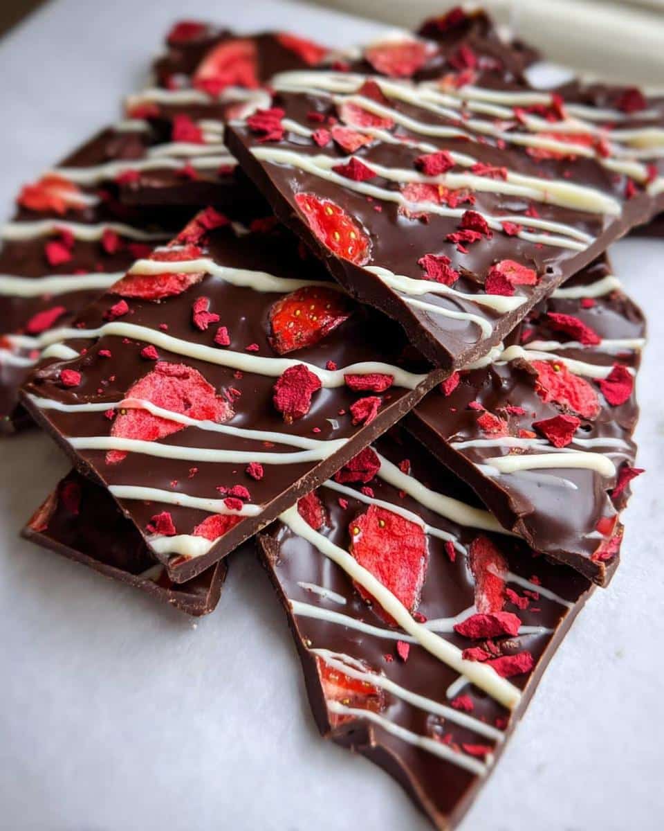 Close-up of broken pieces of dark Chocolate Covered Strawberry Bark topped with dried strawberries and white chocolate drizzle.