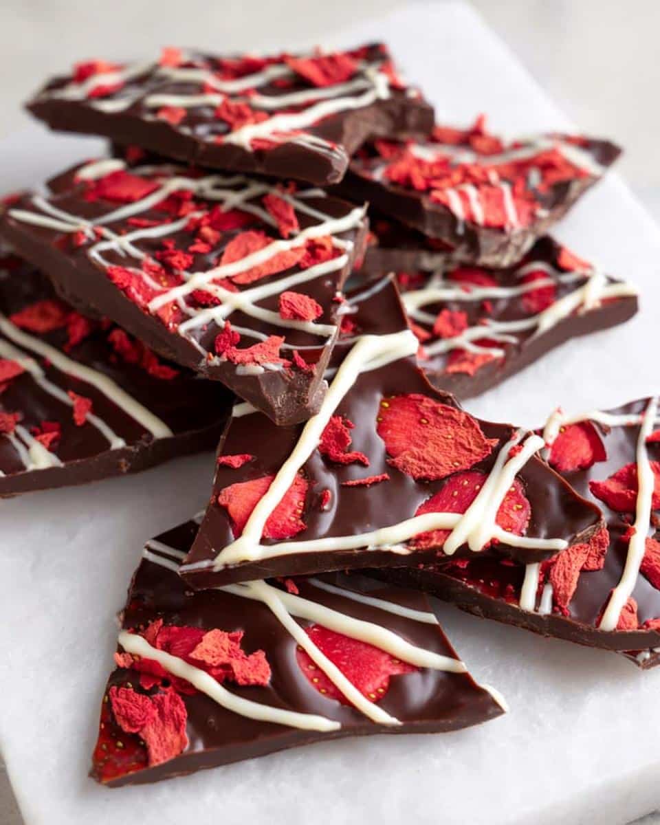 Close-up of stacked pieces of Chocolate Covered Strawberry Bark topped with dried strawberries and white chocolate drizzle.